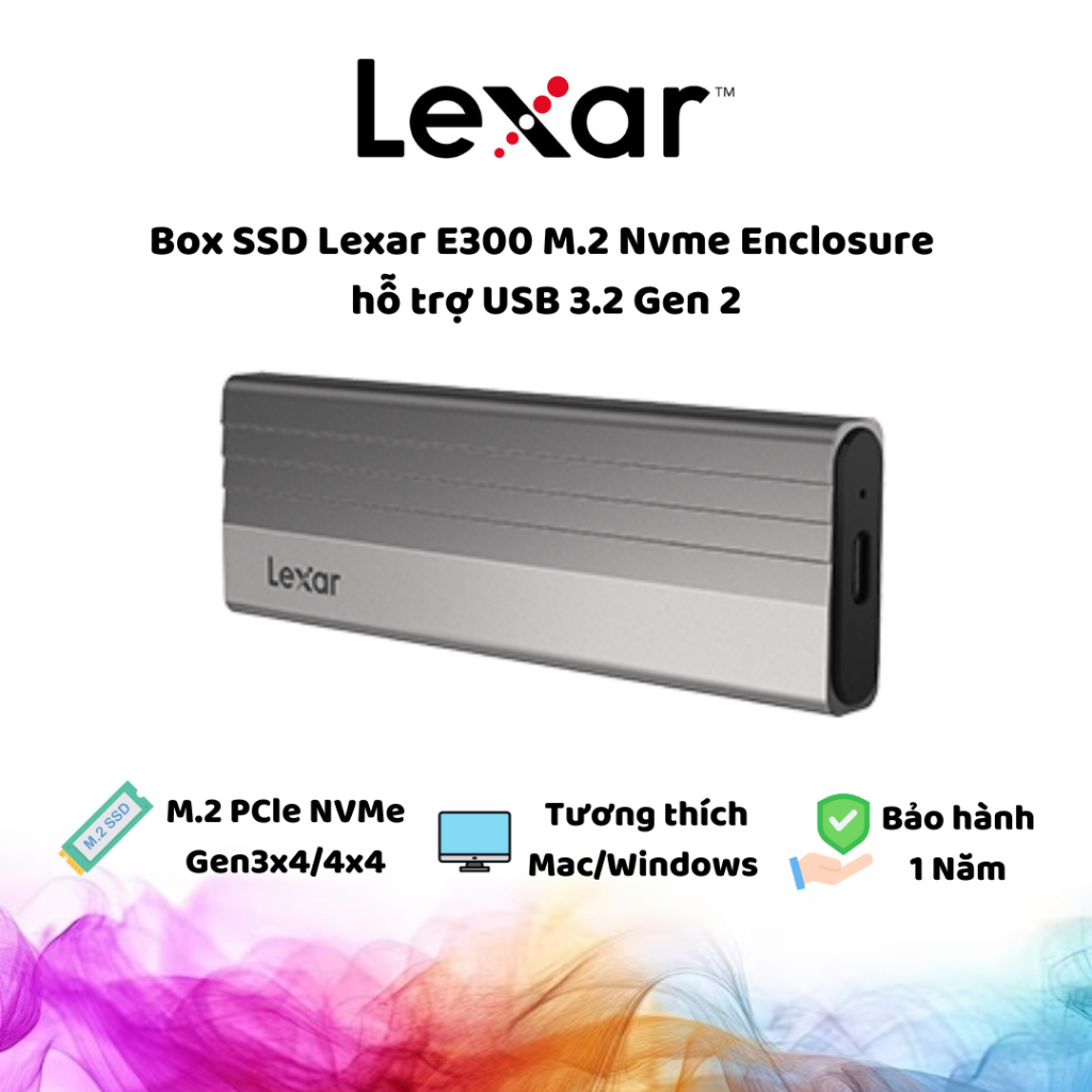 Box SSD Lexar E300 M.2 Nvme Enclosure hỗ trợ USB 3.2 Gen 2, Tốc độ cao 10Gbps, Bảo hành chính hãng 1