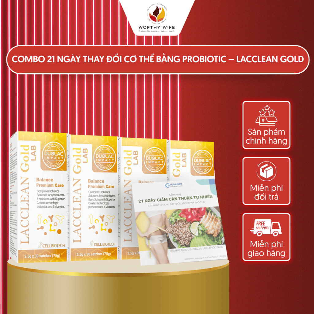 Combo 21 Ngày Thay Đổi Cơ Thể Bằng Probiotic - Cẩm Nang & 4 Hộp Men Vi Sinh LACCLEAN Gold LAB