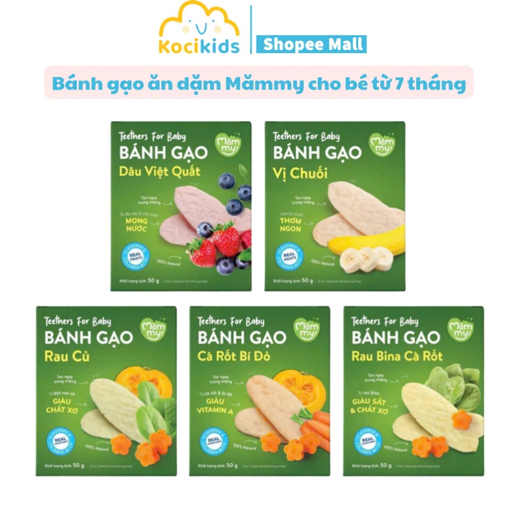 Bánh gạo ăn dặm rau củ Mămmy giúp bé tập nhai bổ sung dinh dưỡng, hỗ trợ tiêu hóa cho bé từ 7 tháng 