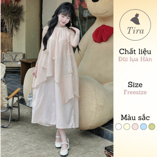 Váy maxi đi biển TIRA MAMA M01 Váy cổ yếm dáng xòe Đầm du lịch chất đũi lụa hàn váy trễ vai tiểu thư