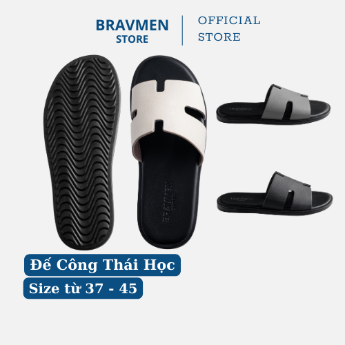  Dép da nam Công Thái Học Bravmen đế trắng thủ công độc đáo thiết kế chữ H chính hãng dáng mảnh K13 