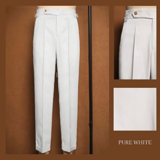 Quần sidetab trắng cạp cao form suông chất vải kaki lụa dày dặn không lộ túi / quần tây side-tab nam trắng gạo 1 ly