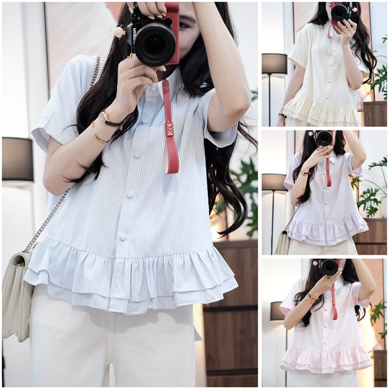 (Lưu ý form áo babydoll rộng) Áo sơ mi cổ sen cộc tay dáng thường xoè dưới che khuyết điểm cực xinh