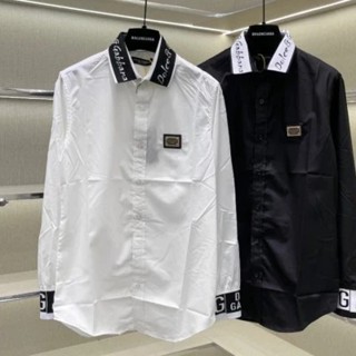 Áo sơ mi nam dài tay DG dệt cổ vải lụa nến thêu logo da tag sắt ngực phối bo chun ống dệt chữ cao cấp hàng xịn