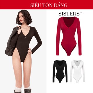 Bodysuit nữ dài tay cổ tim SISTERS màu đen, trắng chất thun gân ôm sát cơ thể có cúc bấm Downie SIS-CLUB l SS4-J10