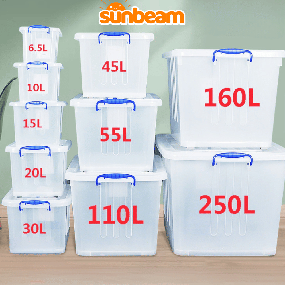 Thùng nhựa lưu trữ đa năng SUNBEAM có bánh xe quai xách, Thùng nhựa trong suốt đựng đồ 6,5/10/15/20L