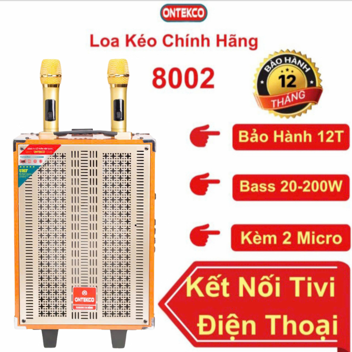 Loa kéo bluetooth Ontekco 8002 di động tặng Kèm 2 mic hát karaoke không dây - Bảo hành 12 tháng