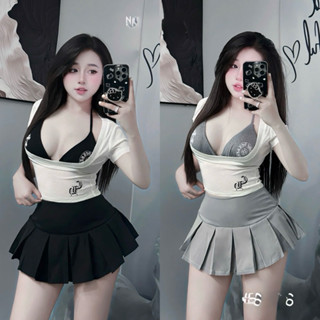 Set Bộ 3 MÓN Áo Bra Thập + Chân Váy Xếp Ly Có Lót Quần + Áo Thun U Tay Ngắn Kèm GẤU Bông