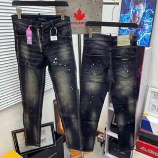 Quần jean bò nam PB slimfit wash đen mài trơn vảy sơn loang nhăn 3D phối khoá lệch mác hồng 4 cúc