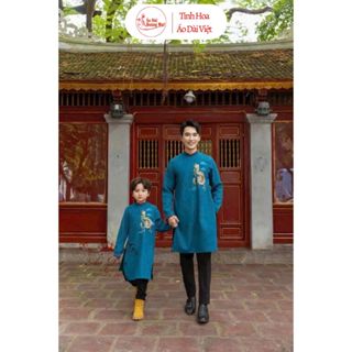 Áo dài cách tân bố và bé trai thêu rồng viền cổ nhiều màu cao cấp - Áo Dài Hoàng Mai