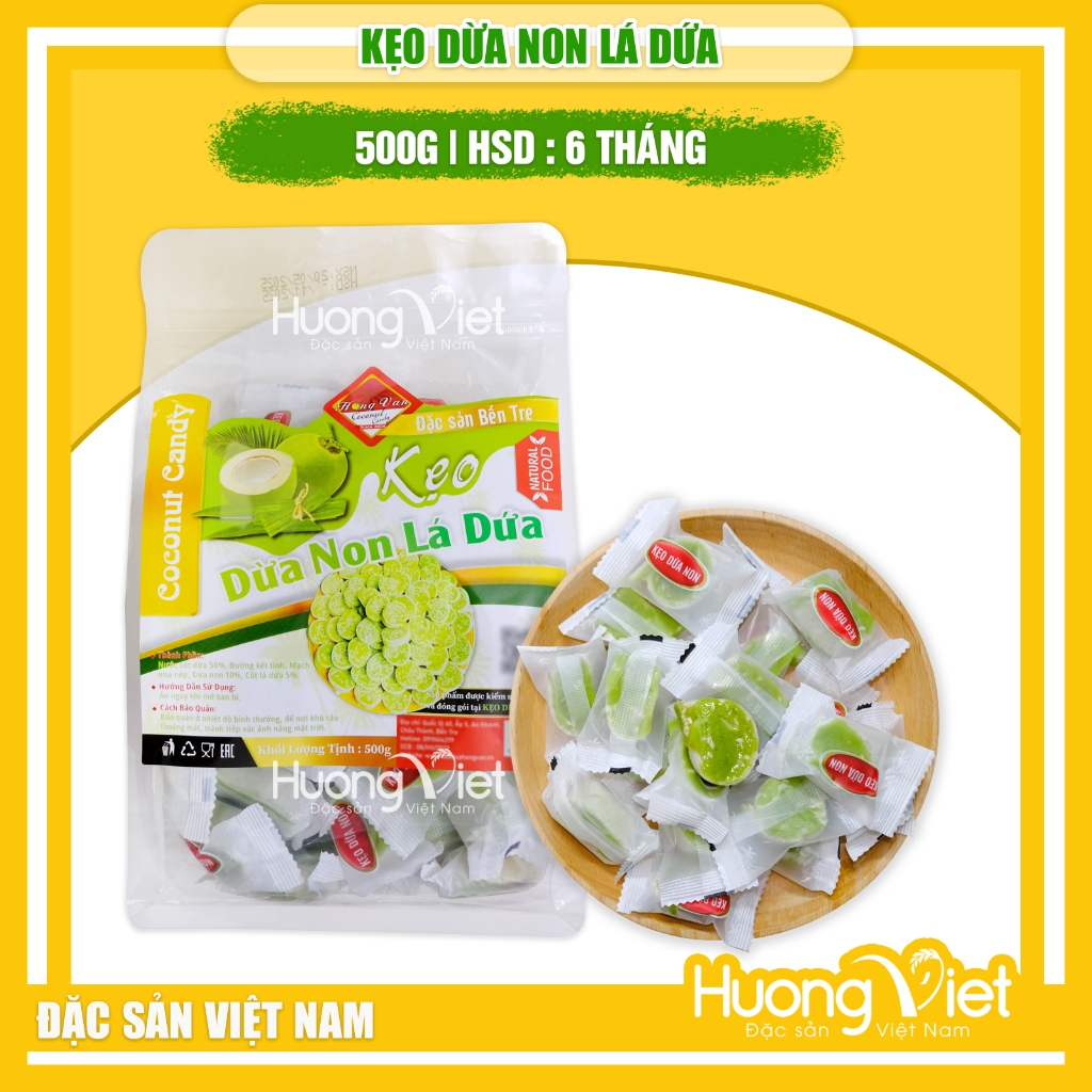  Kẹo dừa non lá dứa cuộn bánh tráng túi 500g kẹo dừa non Bến Tre 