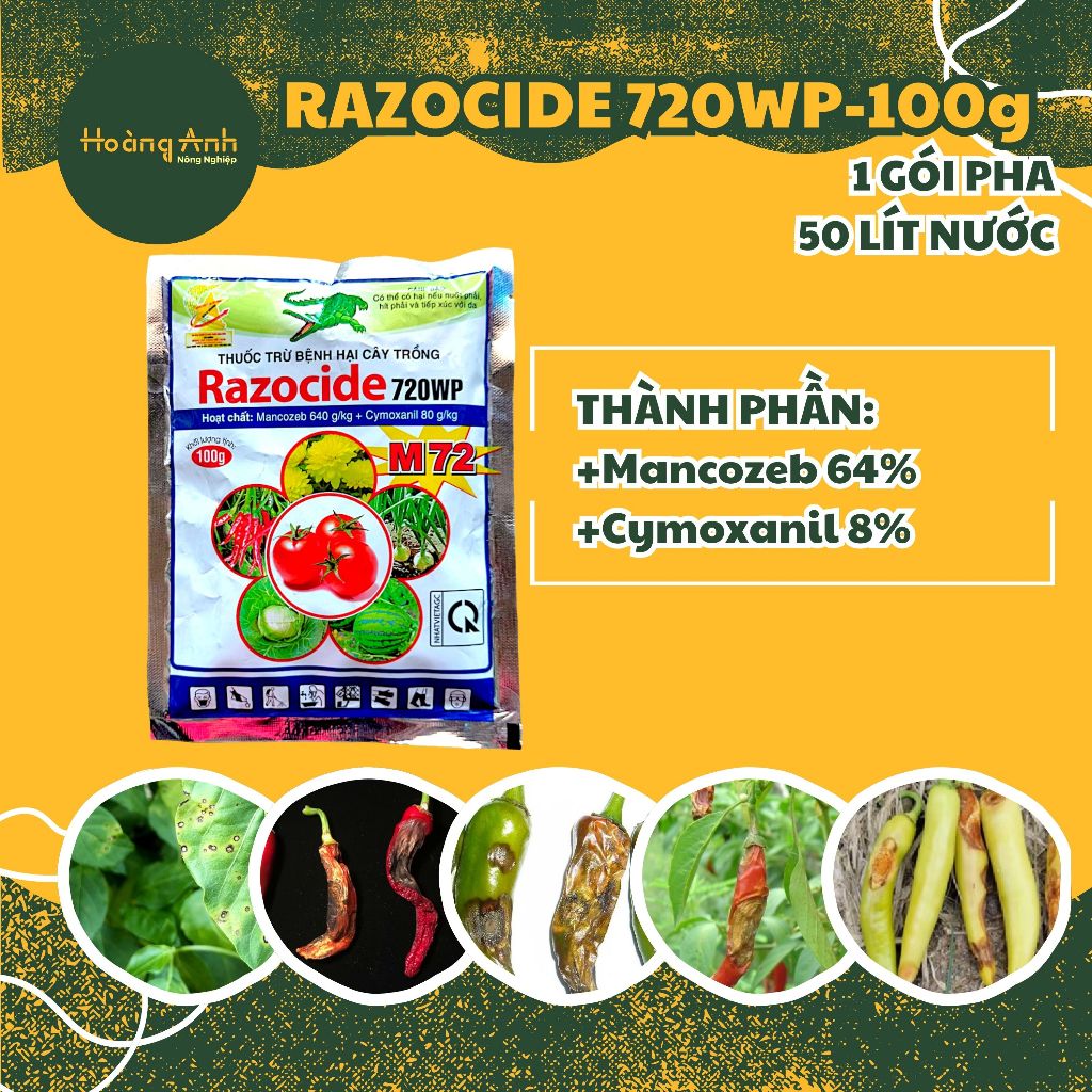 Razocide 720WP M72 100g – Khắc phục thán thư, đốm mắt cua, thối khô trái ớt hiệu quả