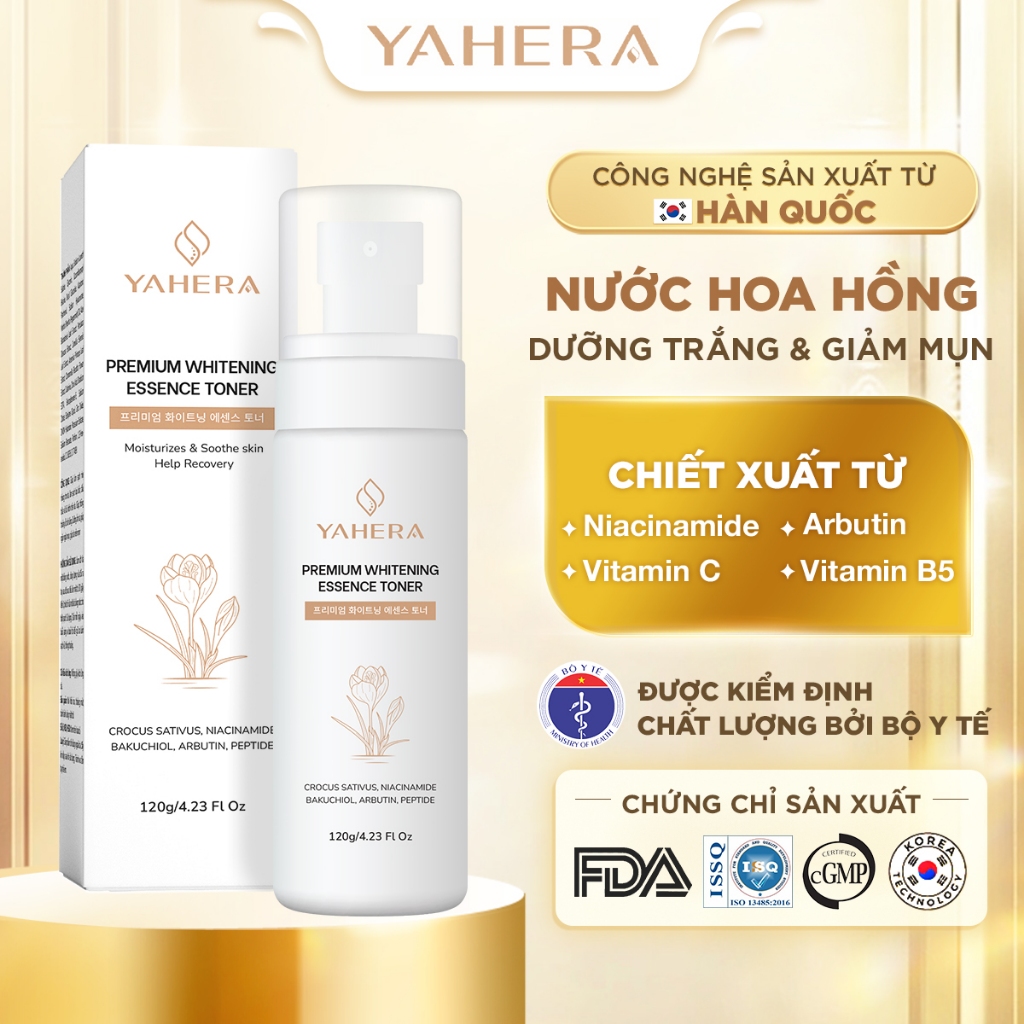 Nước hoa hồng dưỡng trắng da YAHERA Premium Whitening Essence Toner giúp sạch sâu, dưỡng ẩm, cân bằng độ pH da 120ml