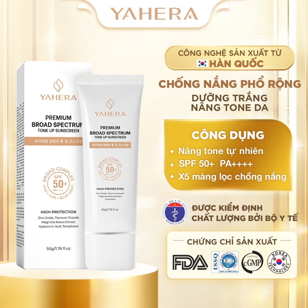 Kem chống nắng phổ rộng nâng tone 6 màng lọc chống nắng YAHERA Premium Sun Cream Broad Spectrum SPF50+ PA++++ 50g
