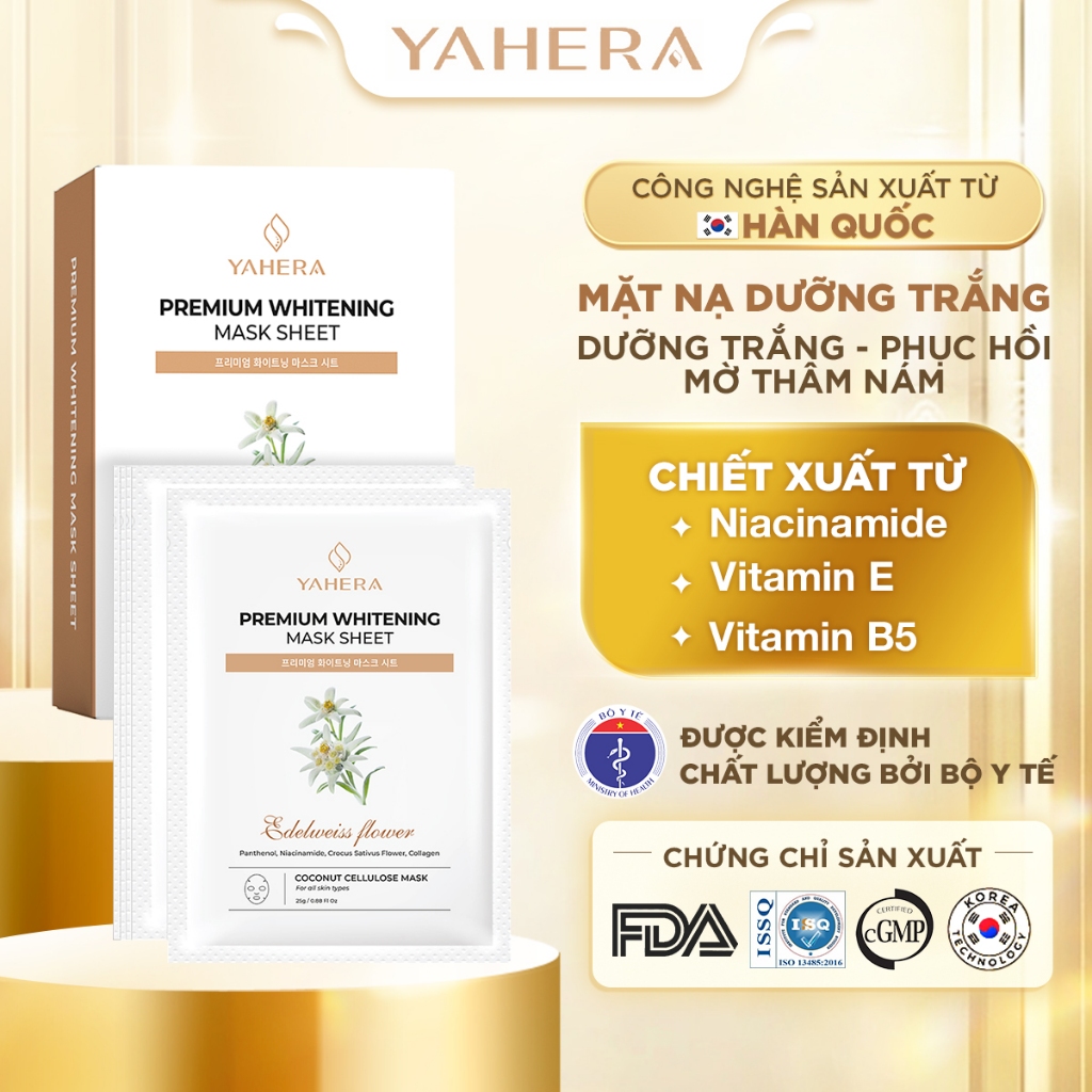 Hộp 10 Mặt nạ dừa dưỡng trắng da cao cấp YAHERA Premium Whitening Mask Sheet dưỡng trắng da, dưỡng ẩm sâu, phục hồi 22g