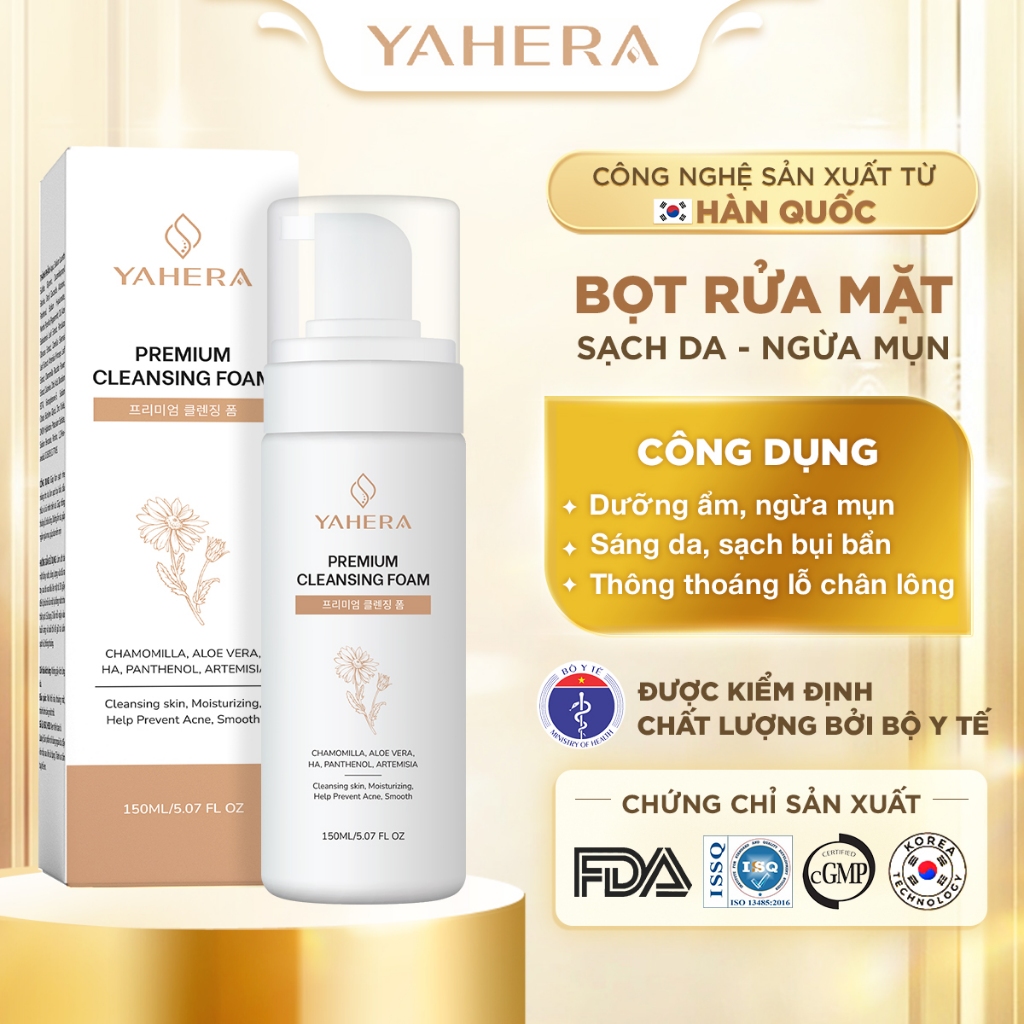 Sữa rửa mặt dạng bọt YAHERA Premium Cleansing Foam làm sạch bụi bẩn,dầu thừa và bã nhờn giúp sáng da ngăn ngừa mụn 150ml