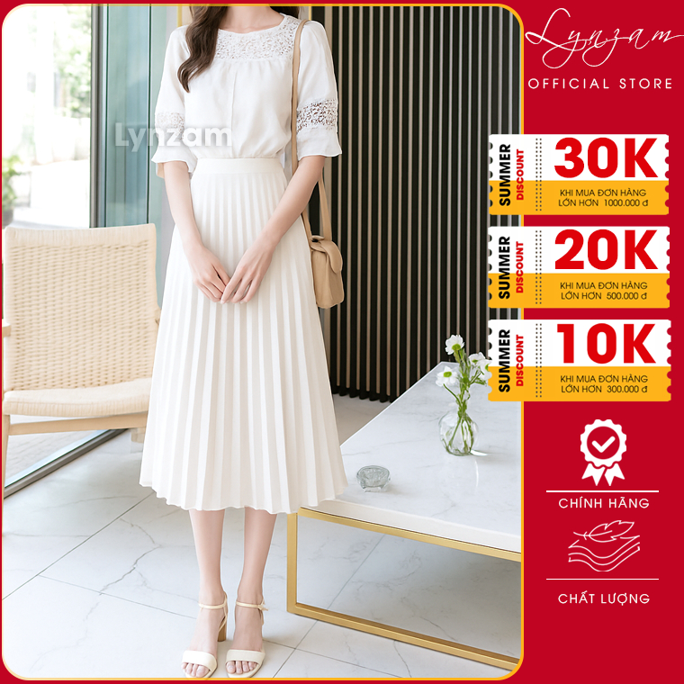 Chân Váy Xếp Ly Trắng Dài Cao Cấp LynZam Chân Váy Công Sở Trắng Freesize Siêu Xinh