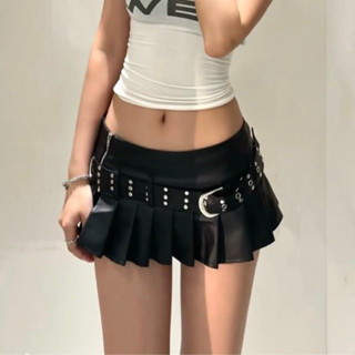 V7 - [Siêu ngắn] Chân váy da xếp ly đen cực chiến cá tính xẻ đùi kèm đai (nên mặc thêm quần trong) y2k cool ngầu hiphop