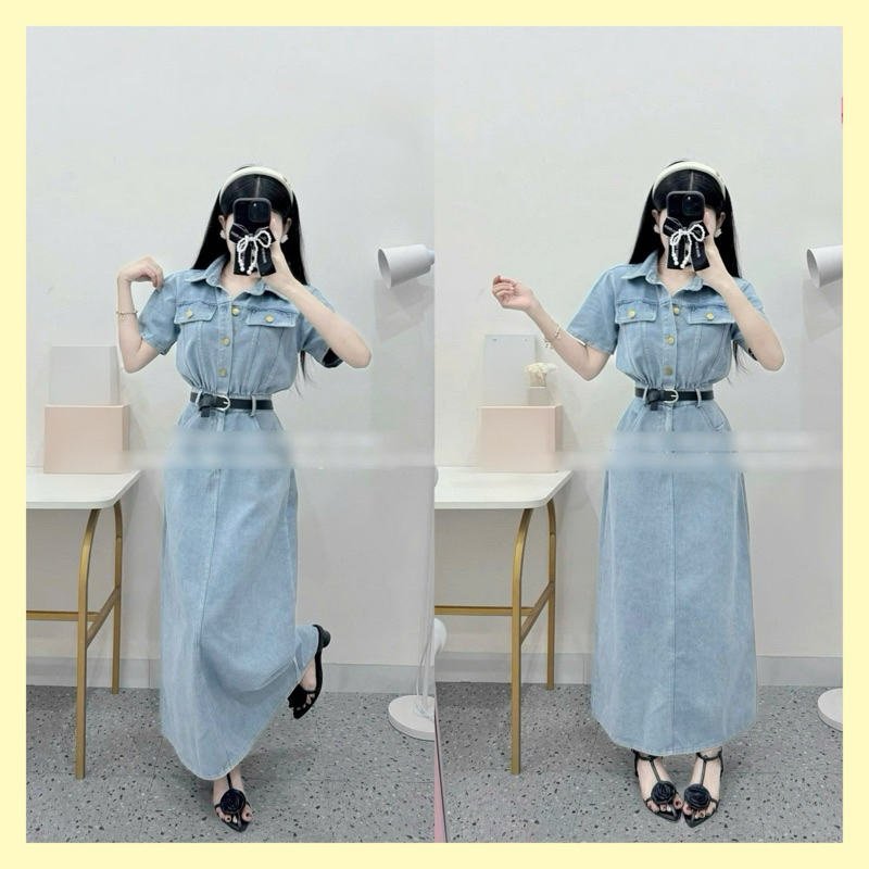 Đầm Jean Dài Cổ Bẻ Tay Ngắn Cài Nút Thắt Eo – Váy Jean Nữ Dáng Dài  Hot Trend