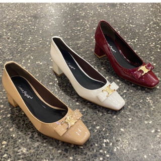 Giày cao gót tiếp viên hàng không đế vuông 5 phân& 7 phân xi bóng phối nơ thời trang-5002XNOSAT