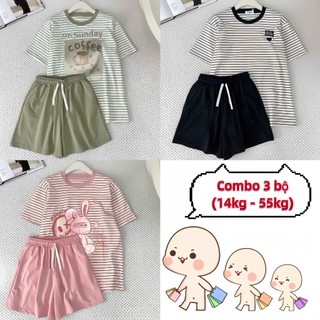  Combo 3 bộ đồ cotton áo kẻ sọc Rabbit Coffee quần cộc hình in siêu hot hit cho bé gái mặc ở nhà size 14-55kg 