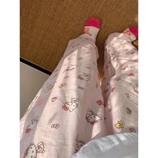 Quần dài hoạt hình mặc nhà ,quần ngủ hoạ tiết hello kitty hồng chất liệu mỏng mát form suông phong cách Hàn quốc
