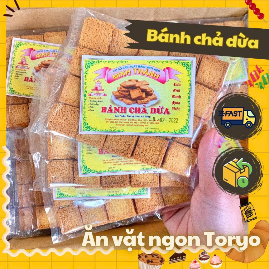 Combo 10 bánh dừa Minh Thành (x gói 20 miếng vuông) giòn thơm, đồ ăn vặt tuổi thơ