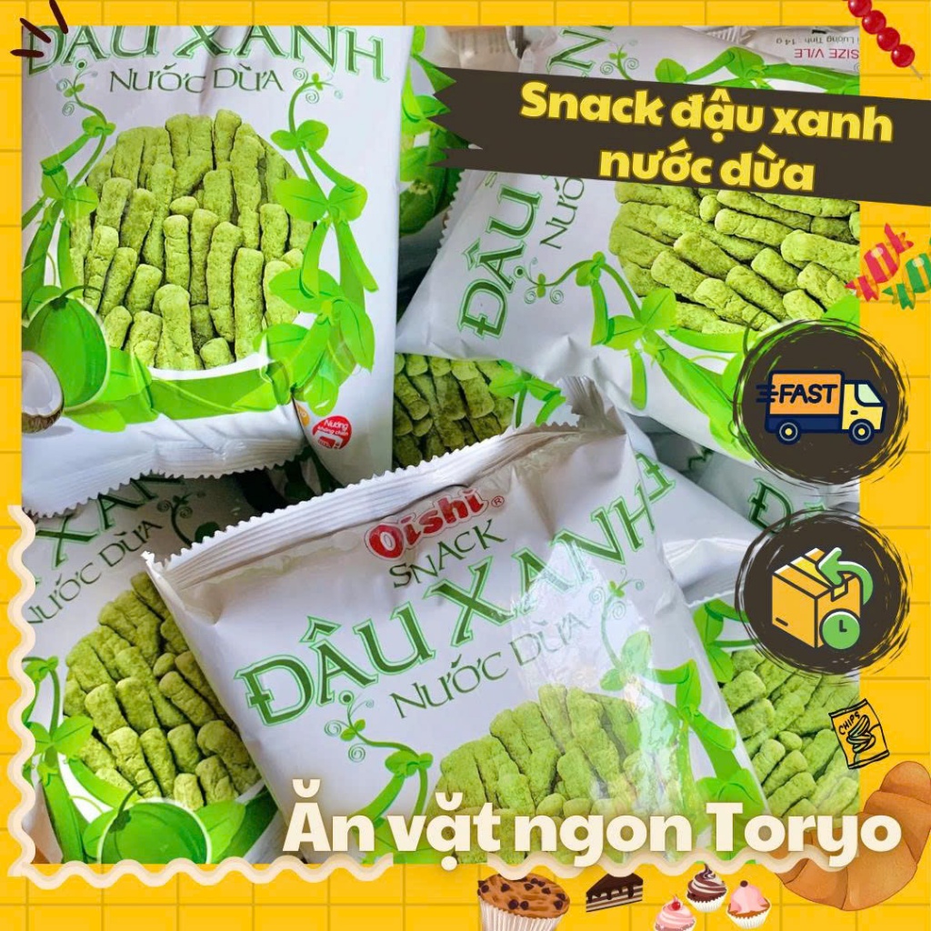 [Bịch 10 gói x 34g] Snack bim bim Oishi đậu xanh nước dừa, bim đậu xanh tuổi thơ