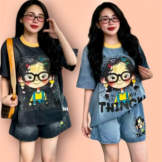 Sét jeans bộ áo tay ngắn quần đùi jeans form 35kg-70kg dáng cổ tròn in cô gái