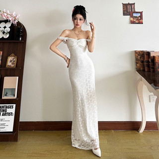 [Loại 1] Váy body ren trắng 2s trễ vai dáng dài đuôi cá 2 lớp co giãn mềm mại