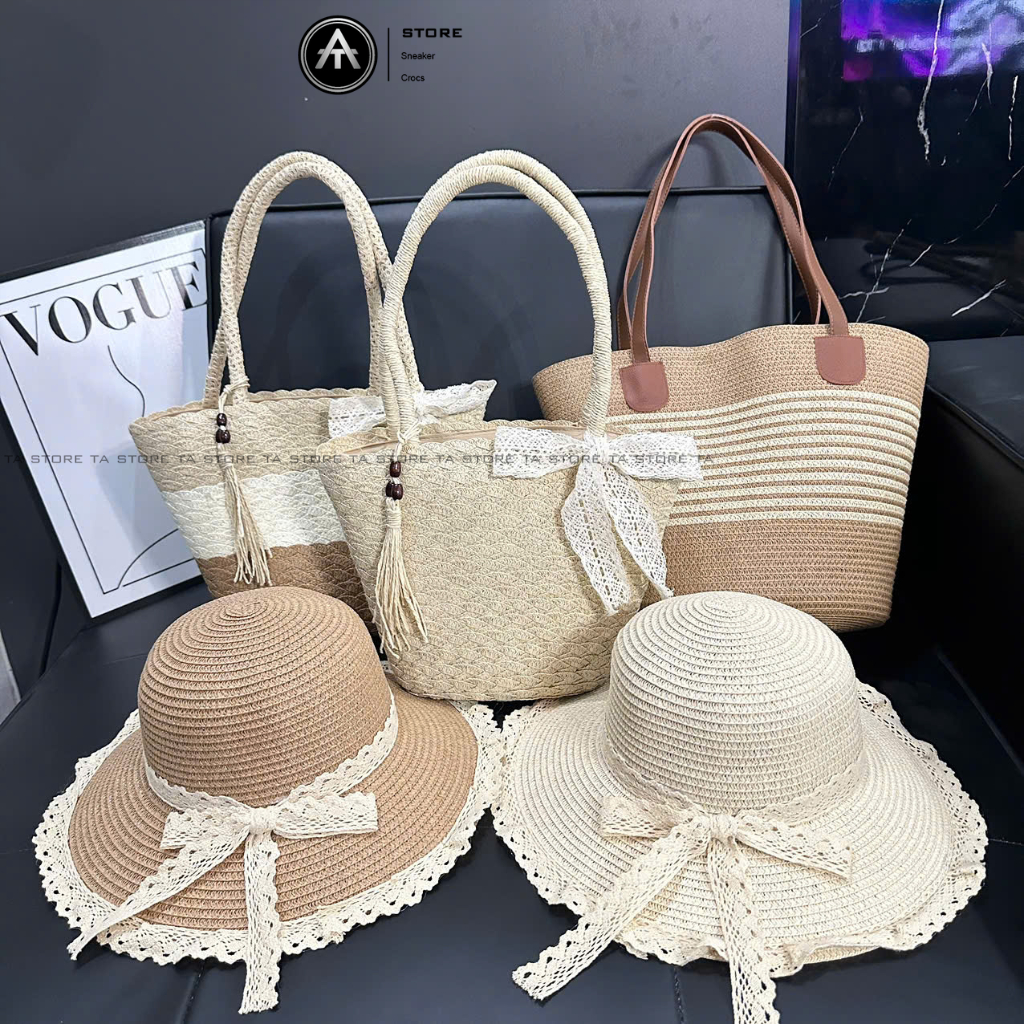 Set túi mũ cói tua rua mix ngọc nơ ren đi biển đi chơi đều xinh TA Store TA Store