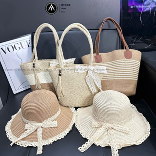 Set túi mũ cói tua rua mix ngọc nơ ren đi biển đi chơi đều xinh TA Store TA Store