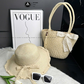 Set túi mũ cói TA Store tua rua mix ngọc nơ ren đi biển đi chơi