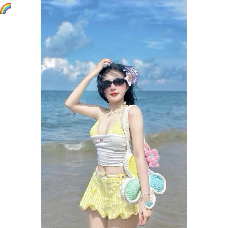 Set Bikini Sét Đi Biển 3 Món Áo Quây Bra Caro Phối Quần Đùi Bí Xếp Li Kẻ Sọc_Kieupham.shop | BigBuy360 - bigbuy360.vn