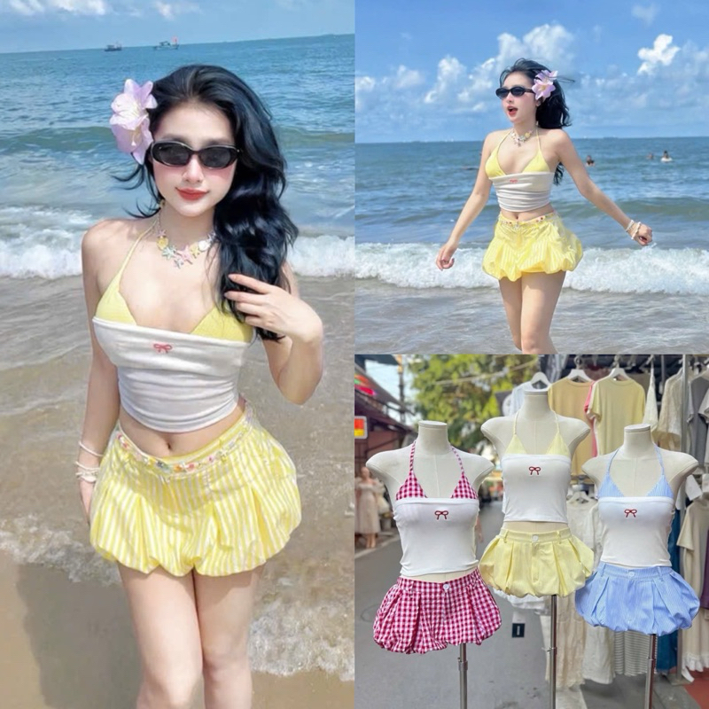 Set Bikini Sét Đi Biển 3 Món Áo Quây Bra Caro Phối Quần Đùi Bí Xếp Li Kẻ Sọc_Kieupham.shop | BigBuy360 - bigbuy360.vn