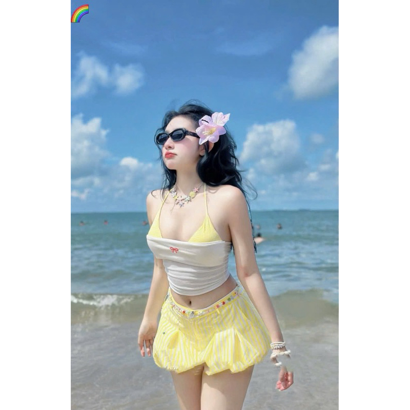 Set Bikini Sét Đi Biển 3 Món Áo Quây Bra Caro Phối Quần Đùi Bí Xếp Li Kẻ Sọc_Kieupham.shop | BigBuy360 - bigbuy360.vn