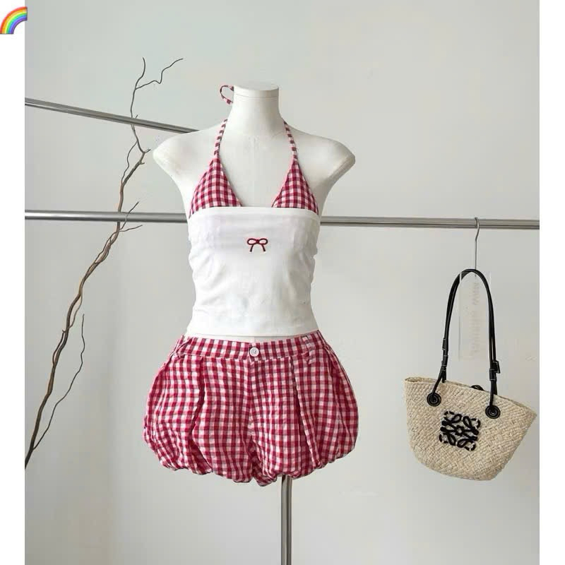 Set Bikini Sét Đi Biển 3 Món Áo Quây Bra Caro Phối Quần Đùi Bí Xếp Li Kẻ Sọc_Kieupham.shop | BigBuy360 - bigbuy360.vn