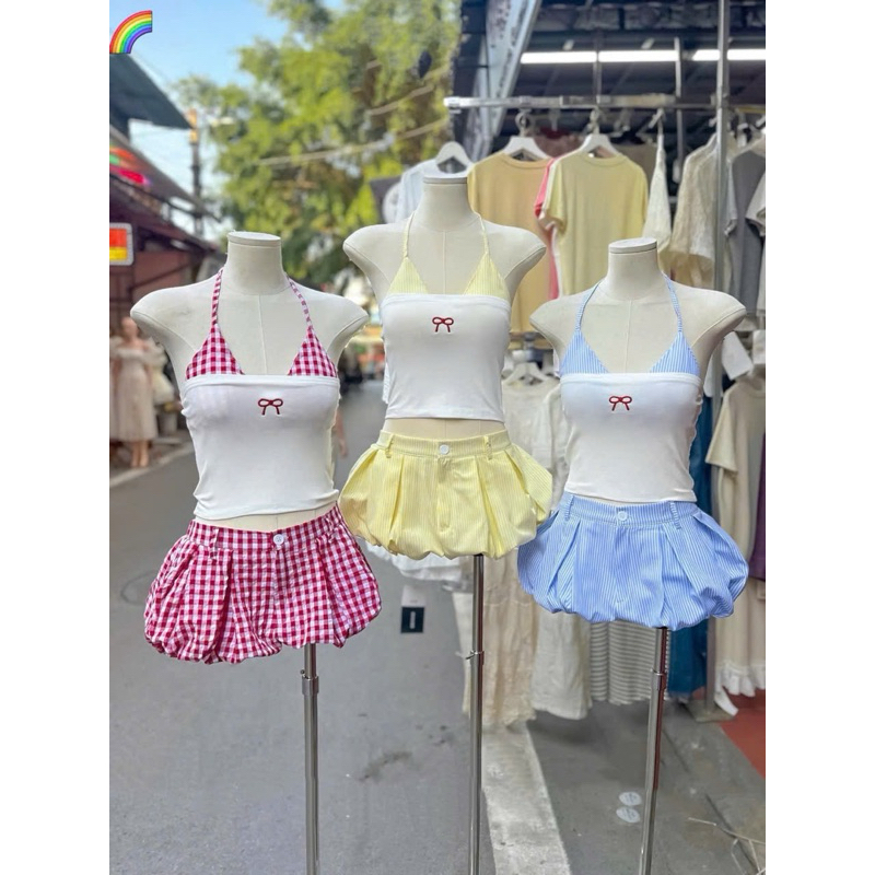 Set Bikini Sét Đi Biển 3 Món Áo Quây Bra Caro Phối Quần Đùi Bí Xếp Li Kẻ Sọc_Kieupham.shop | BigBuy360 - bigbuy360.vn