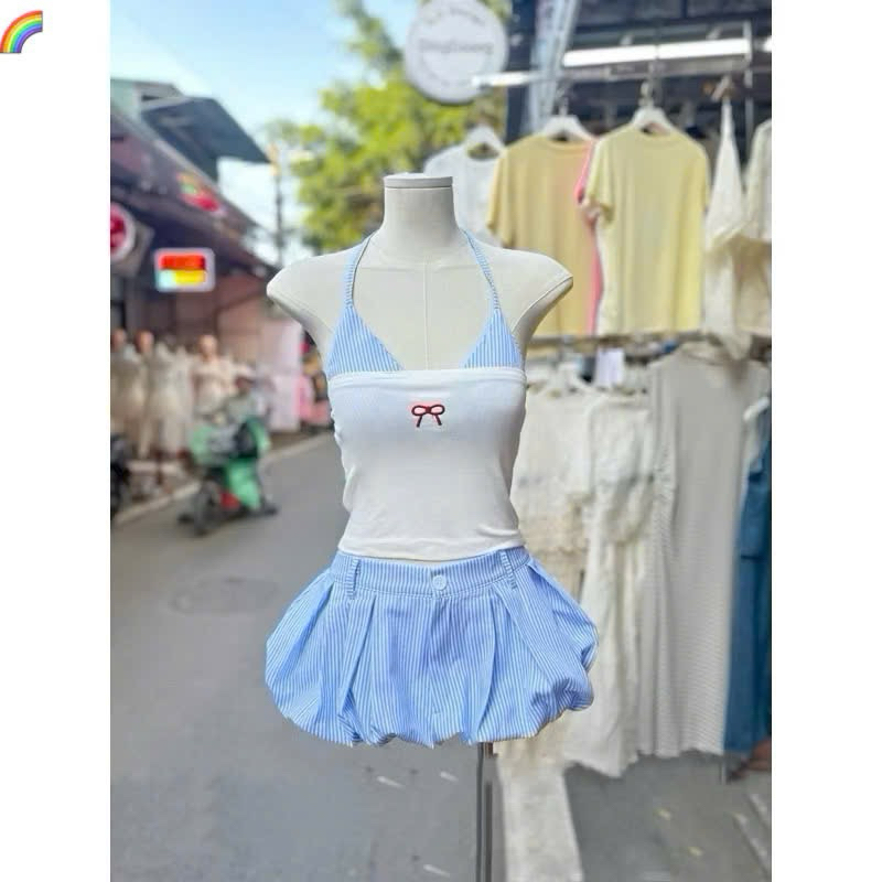 Set Bikini Sét Đi Biển 3 Món Áo Quây Bra Caro Phối Quần Đùi Bí Xếp Li Kẻ Sọc_Kieupham.shop | BigBuy360 - bigbuy360.vn