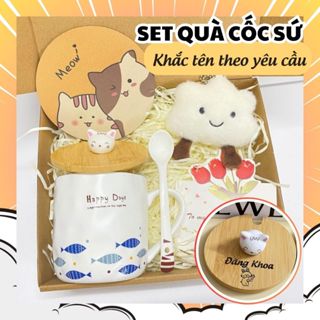 [Best Seller] Set Quà Tặng Cốc Sứ Cá Nắp Gỗ KHẮC TÊN THEO YÊU CẦU kèm thìa, nắp, Phụ Kiện Xinh Tặng Bạn Bè Người Thân