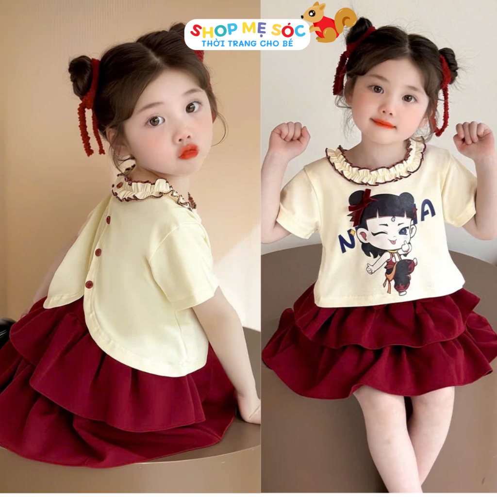 Set Bộ Đồ Hè Cho Bé Gái Áo Kiểu Kèm Chân Váy Họa Tiết NaTra Đáng Iu Chất Cotton Mát