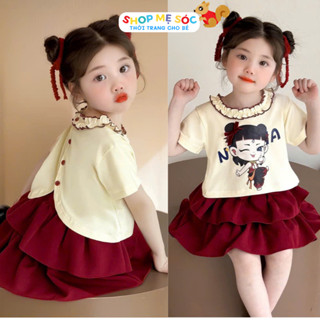 Set Bộ Đồ Hè Cho Bé Gái Áo Kiểu Kèm Chân Váy Họa Tiết NaTra Đáng Iu Chất Cotton Mát