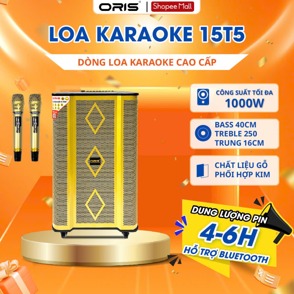 Loa Kéo Karaoke bass 4 tấc công suất khủng 1000W, loa kéo thùng gỗ ORIS TO-15T5 đầy đủ chức năng kar