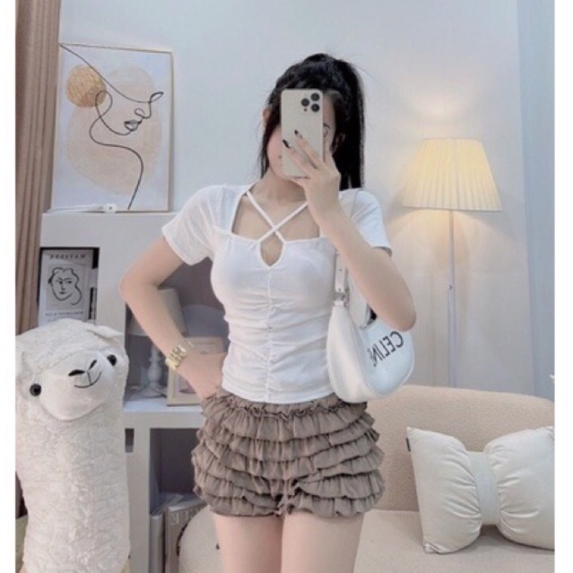 Áo nữ tay ngắn kiểu dây chéo cổ chất thun ôm co giãn A118 | BigBuy360 - bigbuy360.vn