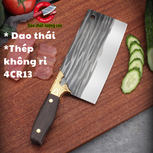 Dao thái bằng thép không rỉ có ốp hoa ở cán D4. chất liệu thép không rỉ 4Cr13