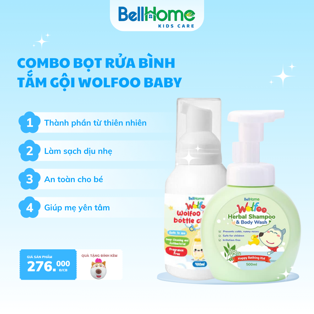 Combo bọt rửa bình sữa Wolfoo Baby BellHome và bọt tắm gội thảo dược cho bé Wolfoo Baby BellHome