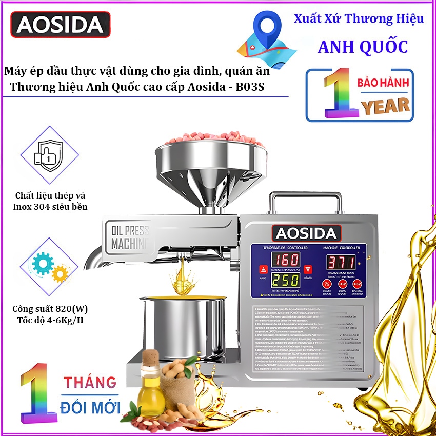 Máy ép dầu thực vật dùng cho gia đình, quán ăn. Thương hiệu Anh Quốc cao cấp Aosida - B03S