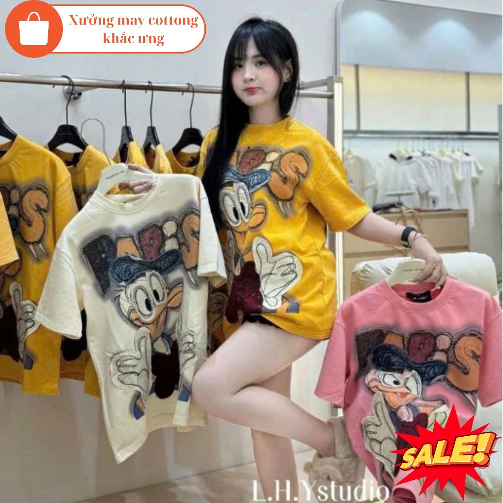 Áo phông local brand nữ màu vàng thêu họa tiết con vịt donal cực dễ thương