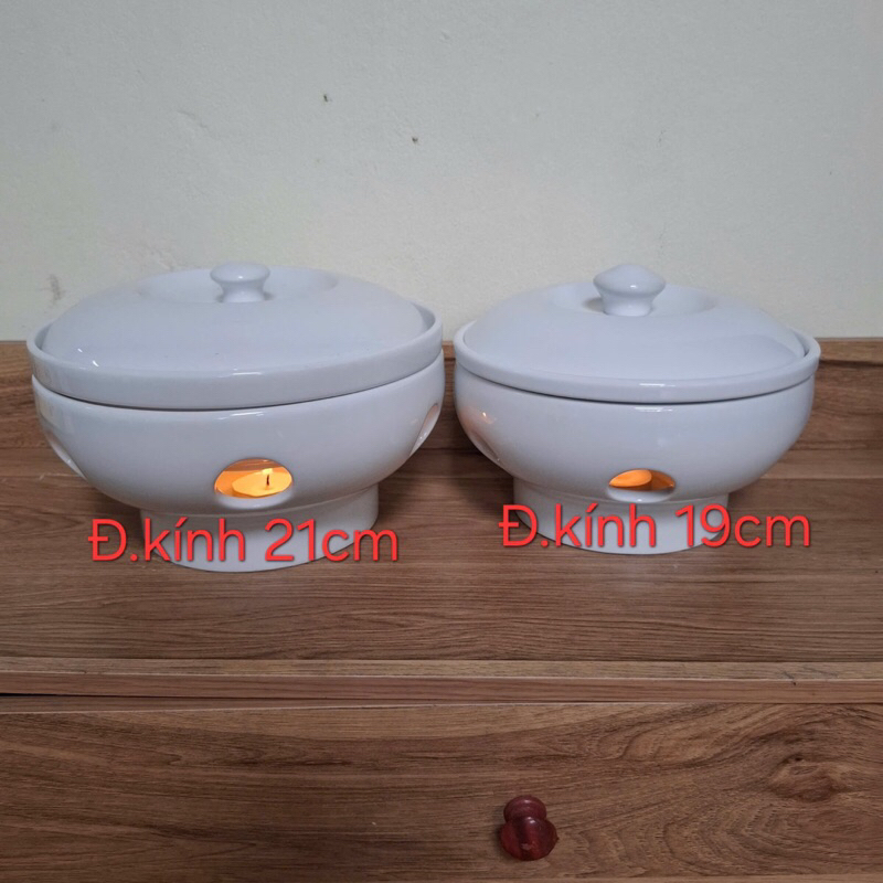 Bát hâm nóng thức ăn bằng nến có nắp đậy, đường kính 19cm ,21cm vaf 24cm.Hàng gốm sứ Bát Tràng.