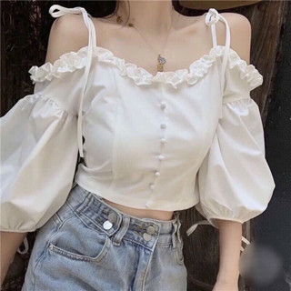  Áo tiểu thư trễ vai tay bồng viền bèo Hàn Quốc sang chảnh A218 